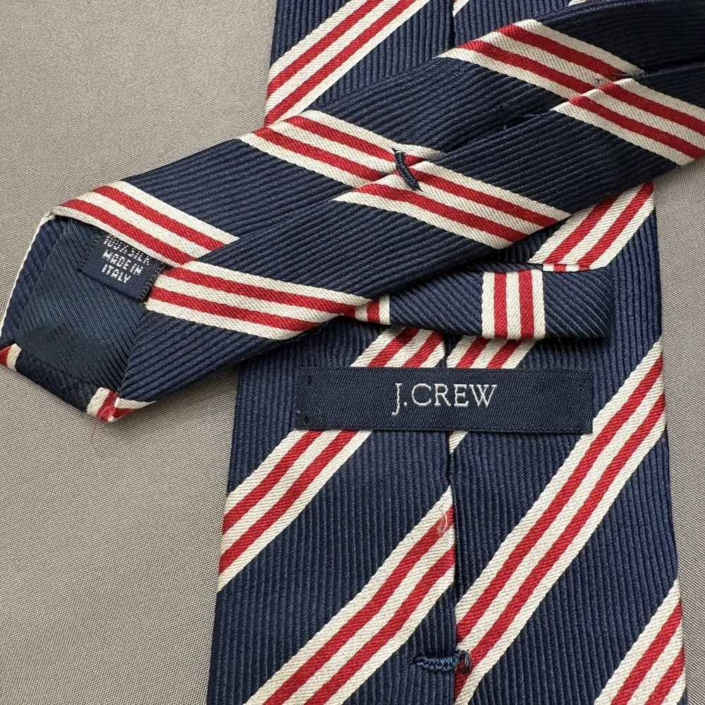 Vintage J Crew Tie Mens Red White Navy Blue Striped Silk Repp 3.75" Italy 90s - Picture 2 of 5